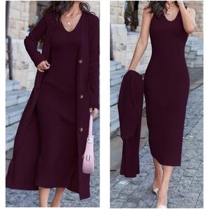 Classic Sleeveless Midi Dress Button Down Long Cardigan Set